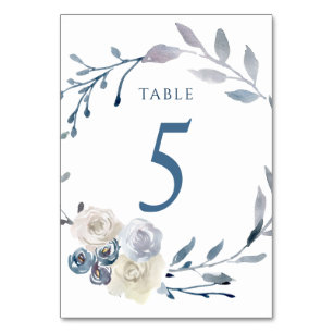 Tarjeta De Mesa color de agua azul floral wreath Tabla número 5
