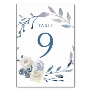 Tarjeta De Mesa color de agua azul floral wreath Tabla número 9