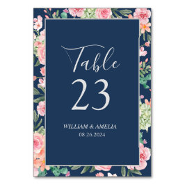 Tarjeta De Mesa Color de agua rosa floral Boda azul de la Marina
