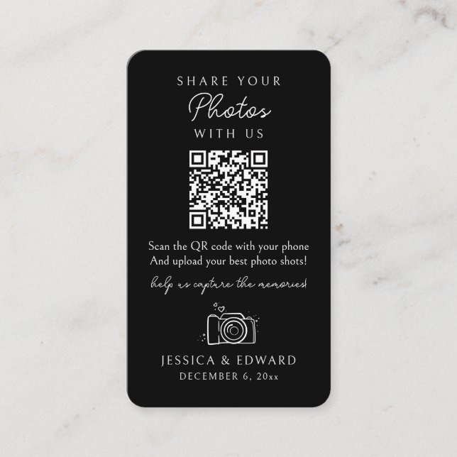 Tarjeta De Mesa Compartir sus fotos Memorable Código Qr Boda negro (Anverso)