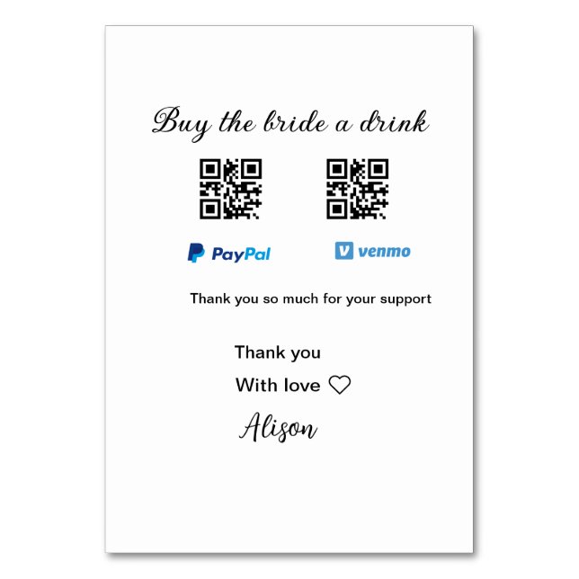 Tarjeta De Mesa Comprar una bebida a la novia donación QR Venmo Pa (Anverso)