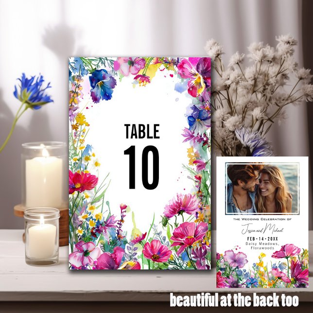 Tarjeta De Mesa Con foto de dos lados de Meadow Blooms (With Photo double sided Meadow Blooms Table Number)