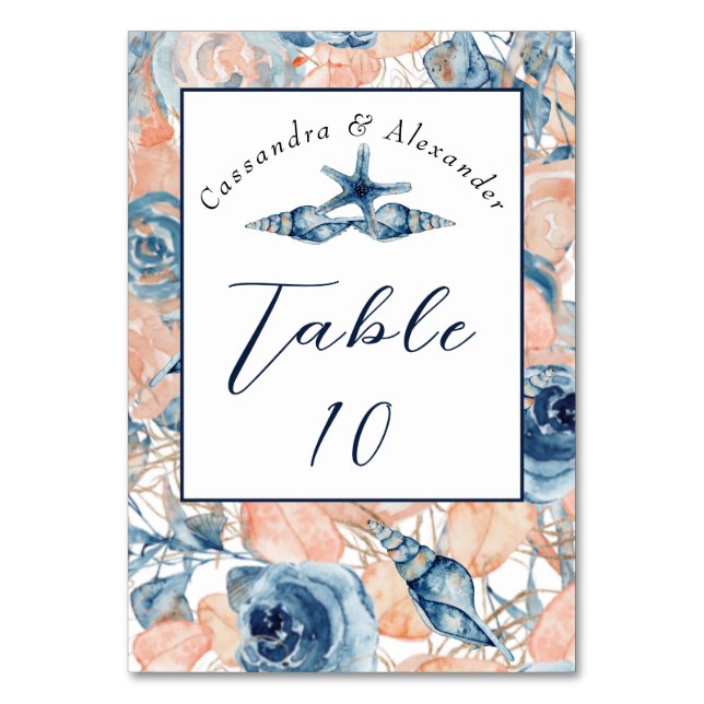 Tarjeta De Mesa Concha náutica Boda y Rosas, (Anverso)