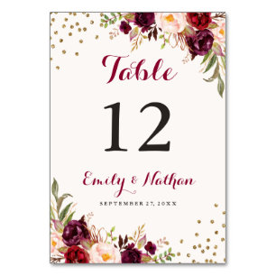 Tarjeta De Mesa Confeti Floral Borgoña
