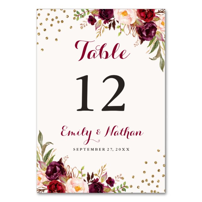 Tarjeta De Mesa Confeti Floral de Borgoña (Reverso)
