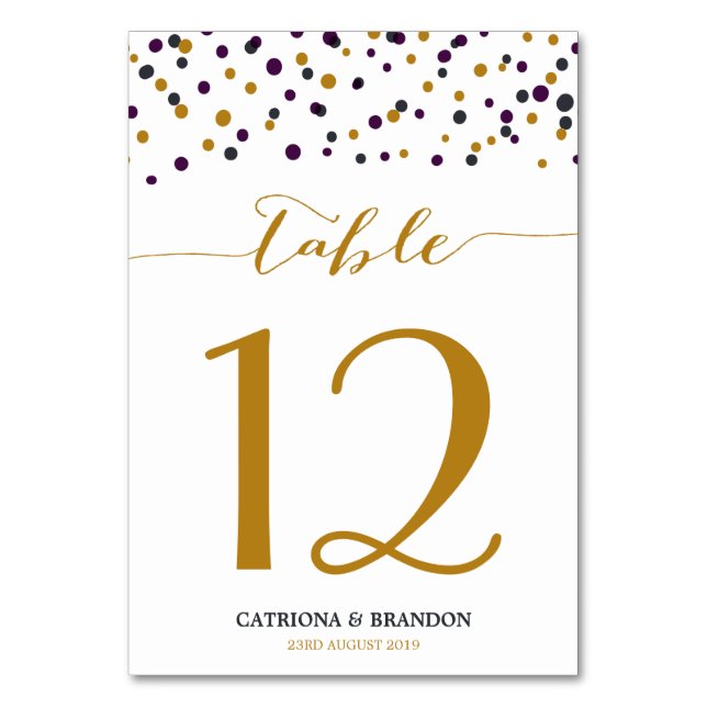 Tarjeta De Mesa Confetti morado y dorado puntos modernos (Anverso)
