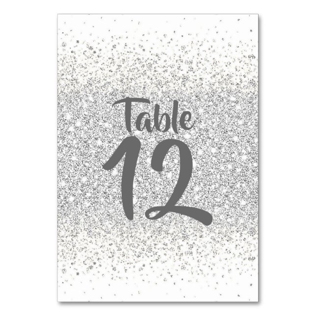 Tarjeta De Mesa Confetti Purpurina de plata sobre blanco (Anverso)
