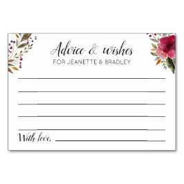 Tarjeta De Mesa Consejos y deseos bodas con flores de borgoña