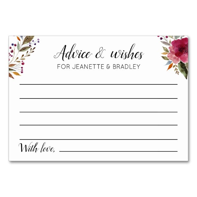 Tarjeta De Mesa Consejos y deseos bodas con flores de borgoña (Anverso)