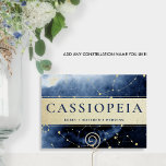 Tarjeta De Mesa Constellation Cassiopeia (u otro oro azul)<br><div class="desc">Elegante constelación celeste "Cassiopeia" (o cualquier otra, ya que se puede personalizar a cualquier nombre que se desee) número de tabla. Delicada galaxia acuática con fondo de constelaciones en una hermosa mezcla de azul, marina, azul pálido y dorado. Elegante banda dorada con nombre de constelación en azul. Capacidad para cambiar...</div>