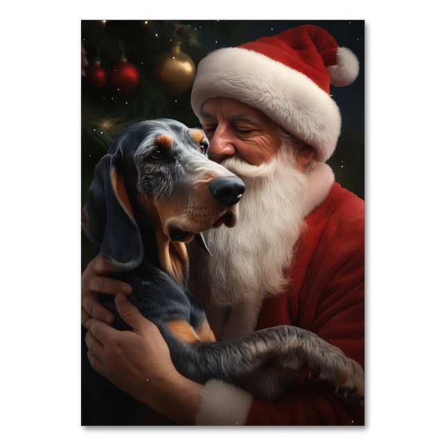 Tarjeta De Mesa Coonhound Bluetick Con Navidades De Santa Claus (Anverso)