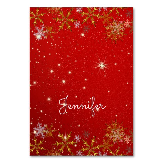 Tarjeta De Mesa Copos de nieve de oro Navidades rojos con carteles (Anverso)