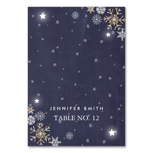 Tarjeta de mesa Copos de nieve Gold Silver Navy (Anverso)