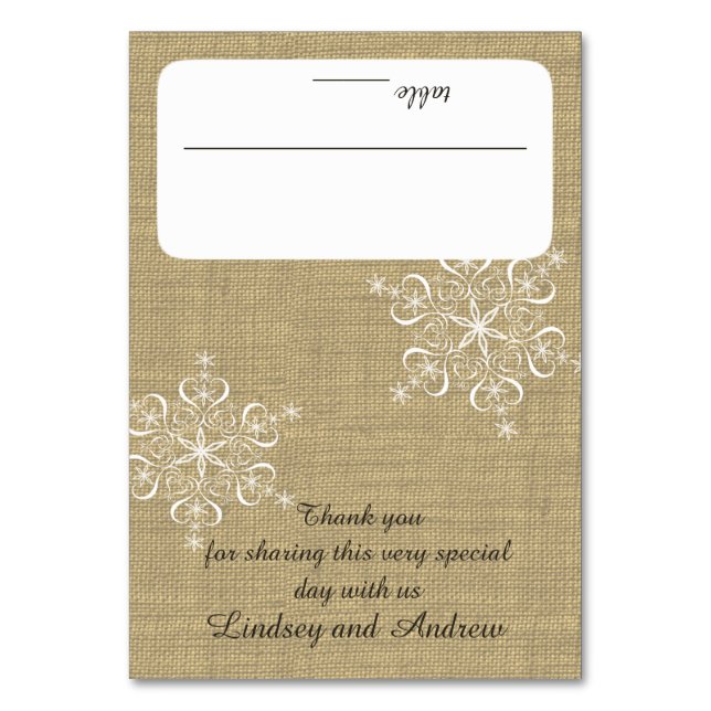 Tarjeta De Mesa Copos de nieve y asientos en Burlap (Anverso)
