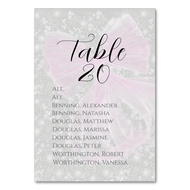 Tarjeta De Mesa Coquette Pink Sheer bow -Table Assignment (Anverso)
