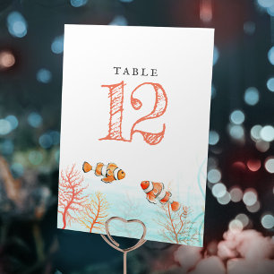 Tarjeta De Mesa Corales bodas acuáticos y acuarela de peces payaso