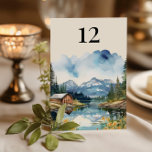 Tarjeta De Mesa Country Lake Rustic Barn Watercolor Boda<br><div class="desc">Tarjeta boda número de mesa con diseño acuático con un bonito granero rústico boda enclavado a orillas de un tranquilo lago, enmarcado por majestuosas montañas y altísimos pinos. La escena acuática campestre capta la serena belleza de un día soleado, con los cálidos tonos de madera del granero perfectamente reflejados en...</div>