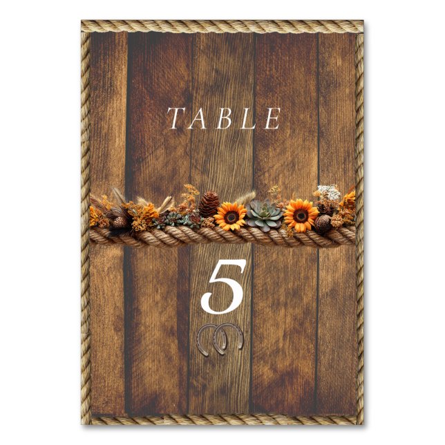 Tarjeta De Mesa Country Western Wedding Sunflowers Succulents Rope (Anverso)
