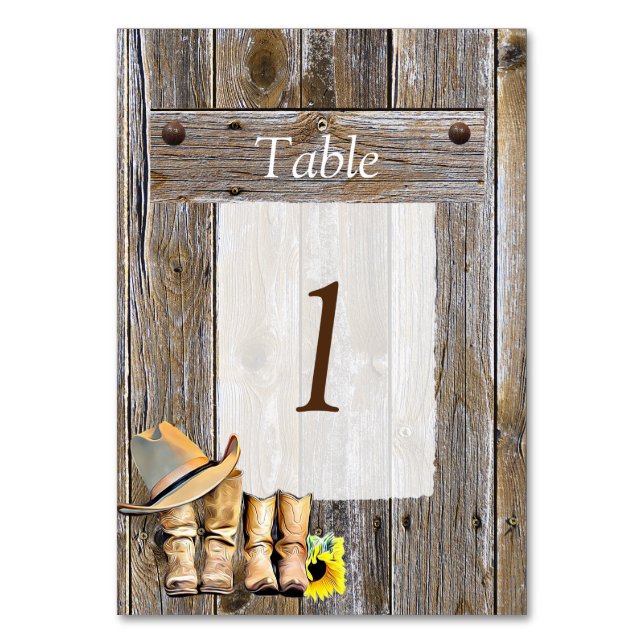 Tarjeta De Mesa Cowboy Boots and Sunflowers Table Number Boda (Anverso)
