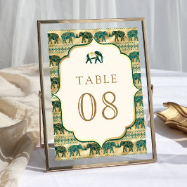 Tarjeta De Mesa Cream Emerald Green Gold Elephant Boda indio