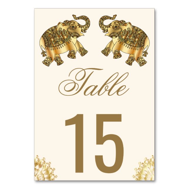 Tarjeta De Mesa Cream Gold Ethnic Elephants Indian Wedding (Anverso)