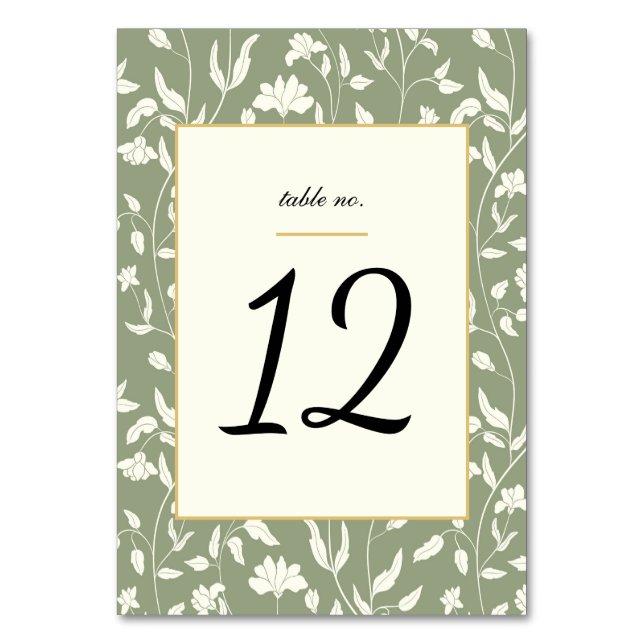 Tarjeta De Mesa Crema floral y Boda verde sabio (Anverso)