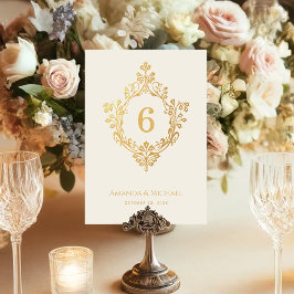 Tarjeta De Mesa Crest Faux Gold Foil Ivory Elegant Vintage Wedding