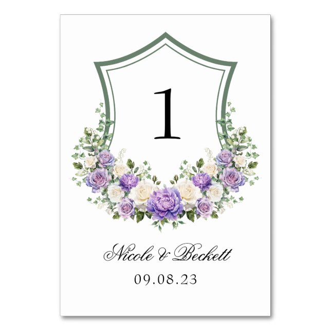 Tarjeta De Mesa Crest Floral Blanco Morado Boda (Anverso)