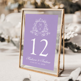 Tarjeta De Mesa Crest Floral Elegante Monograma Bodas Lavanda