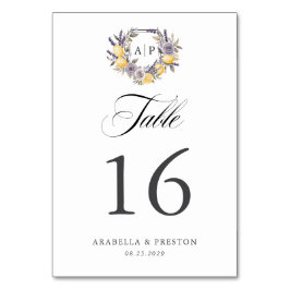 Tarjeta De Mesa Crest Floral Monograma de Lavanda y Limón para Bod