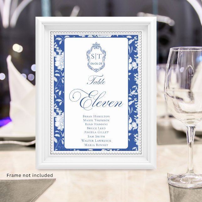 Tarjeta De Mesa Crest Monogram Blue Floral Script Eleven 8 Names (Subido por el creador)