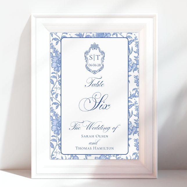 Tarjeta De Mesa Crest Monogram Blue Floral Script Six (Subido por el creador)