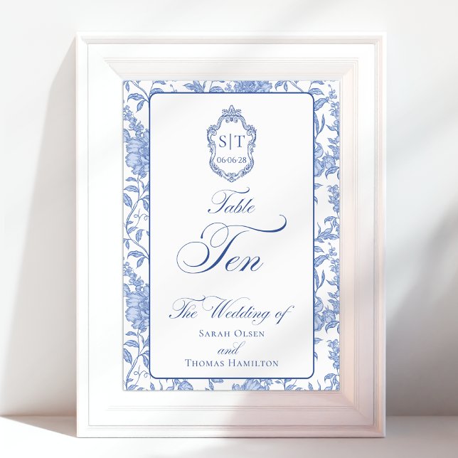 Tarjeta De Mesa Crest Monogram Blue Floral Script TEN (Subido por el creador)