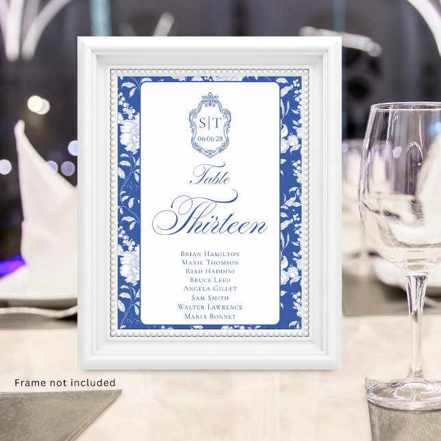 Tarjeta De Mesa Crest Monogram Blue Floral Script Thirteen 8 Names (Subido por el creador)