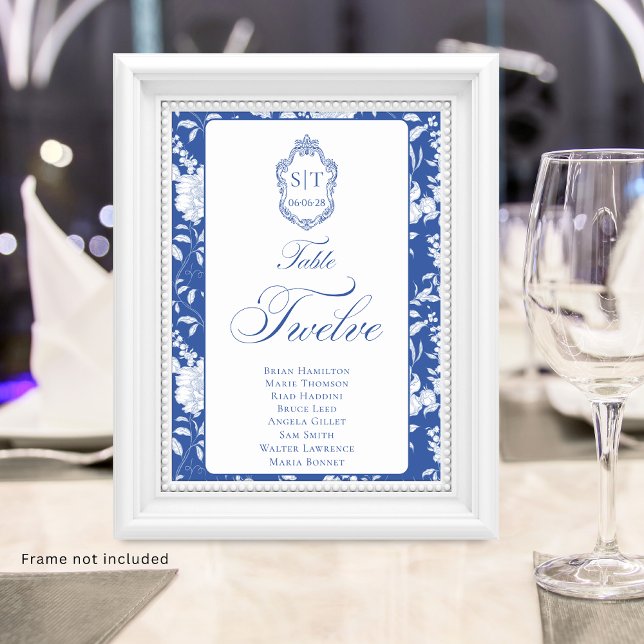 Tarjeta De Mesa Crest Monogram Blue Floral Script Twelve 8 Names (Subido por el creador)