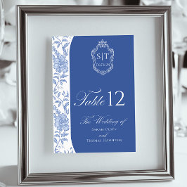 Tarjeta De Mesa Crest Monogram Delft Blue Floral Script