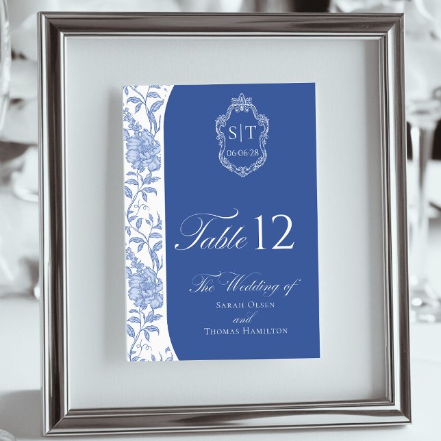 Tarjeta De Mesa Crest Monogram Delft Blue Floral Script (Subido por el creador)