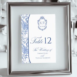 Tarjeta De Mesa Crest Monogram Delft Blue Floral Script