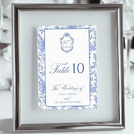 Tarjeta De Mesa Crest Monogram Delft Blue Floral Script