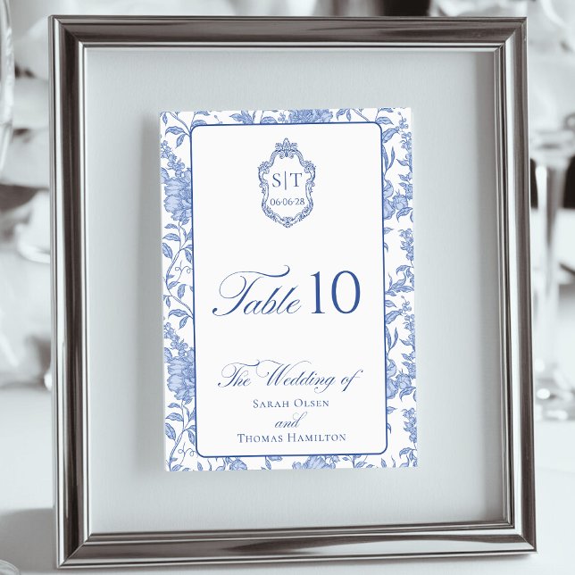 Tarjeta De Mesa Crest Monogram Delft Blue Floral Script (Subido por el creador)