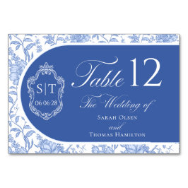 Tarjeta De Mesa Crest Monogram Delft Blue Floral Script