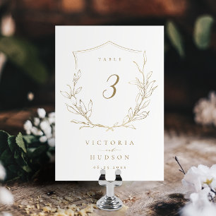 Tarjeta De Mesa Crest monograma botánico simple de oro boda