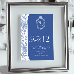 Tarjeta De Mesa Crest Monograma Delft Azul Floral Script