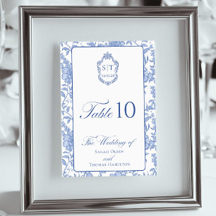Tarjeta De Mesa Crest Monograma Delft Azul Floral Script