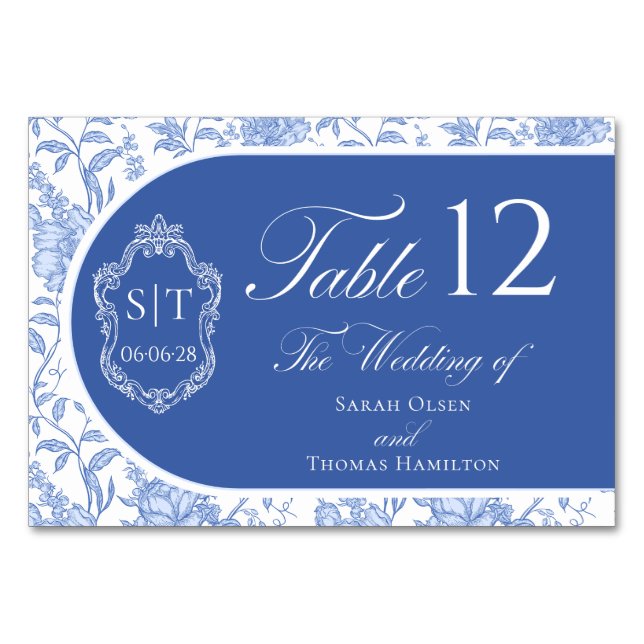 Tarjeta De Mesa Crest Monograma Delft Azul Floral Script (Anverso)
