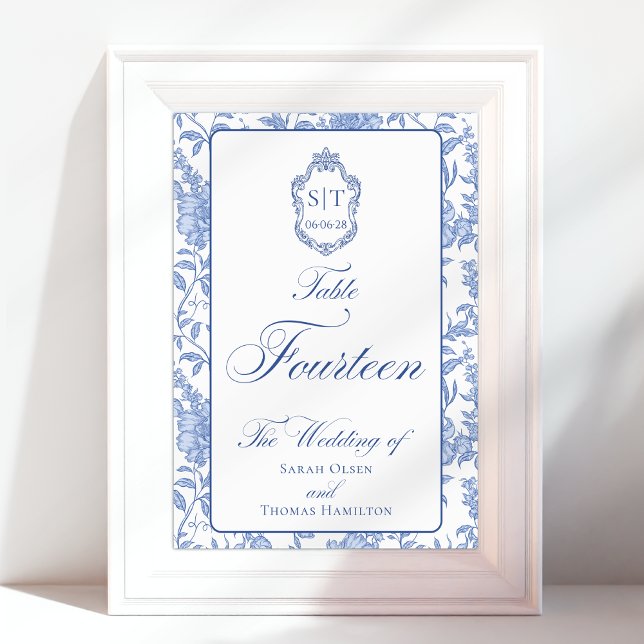 Tarjeta De Mesa Crest Monograma Floral Azul Script Catorce (Subido por el creador)
