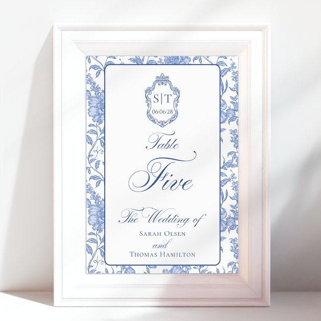 Tarjeta De Mesa Crest Monograma Floral Azul Script Cinco (Subido por el creador)