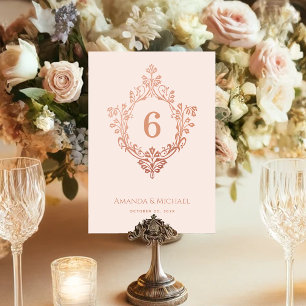 Tarjeta De Mesa Crest Rosa Dorado Rubor Rosa Elegante Vintage Boda