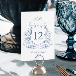 Tarjeta De Mesa Cresta Floral Azul Elegante Boda Victoriana