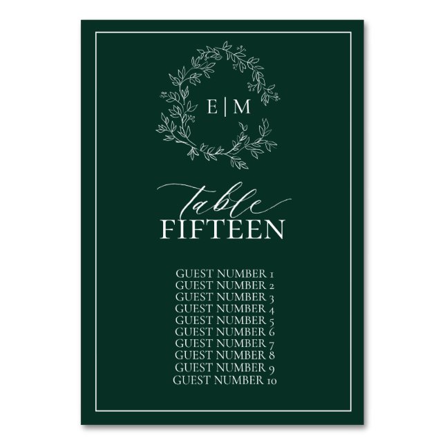 Tarjeta De Mesa Crestá Monograma de Boda con Hojas Verdes Esmerald (Anverso)